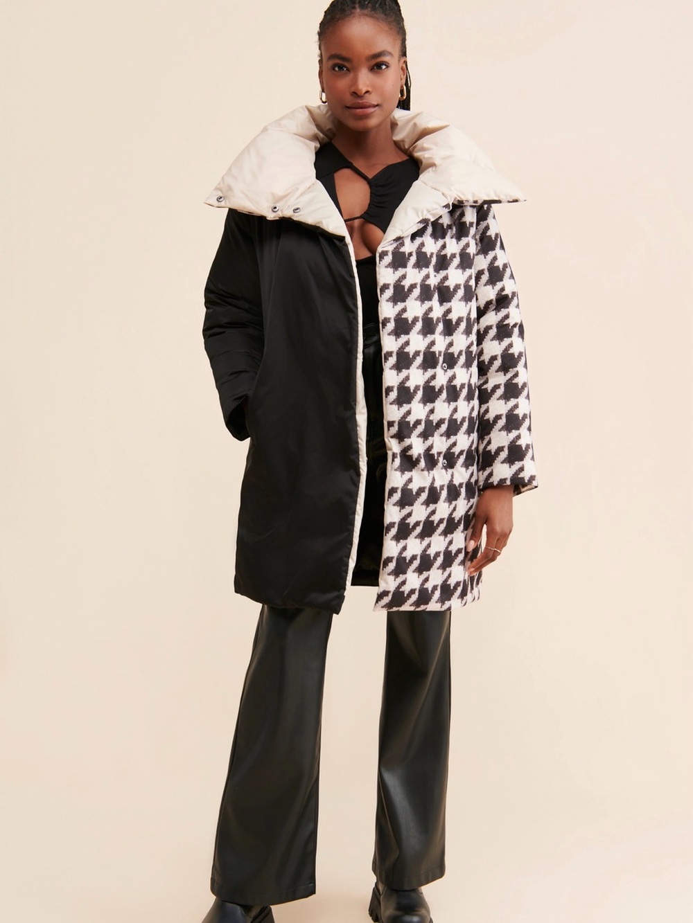 Anthropology Houndstooth & Black Puffer Coat - Black/Cream